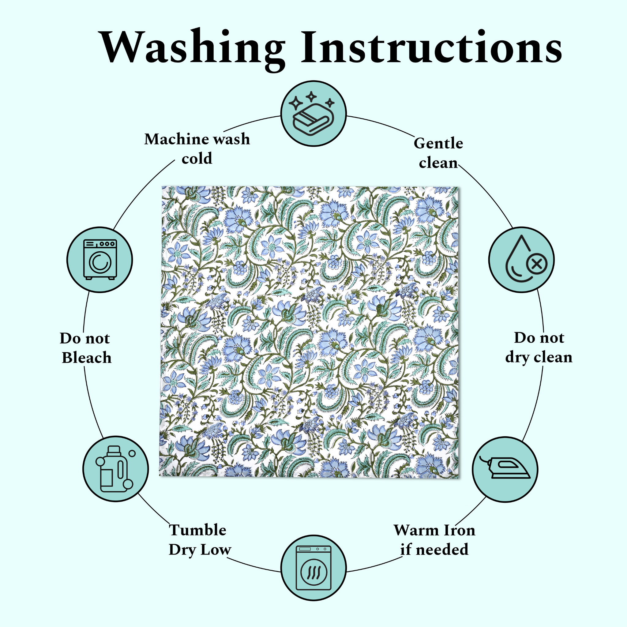 Washing instructions diagram with a floral pattern in the center