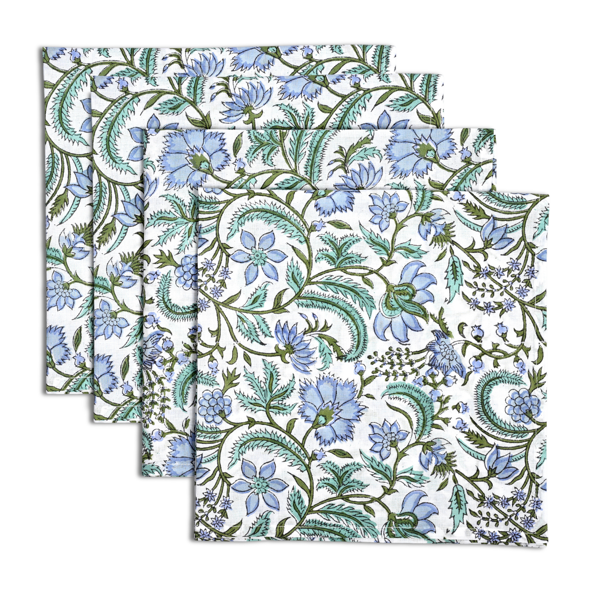 Set of three floral placemats with blue and green pattern on a white background