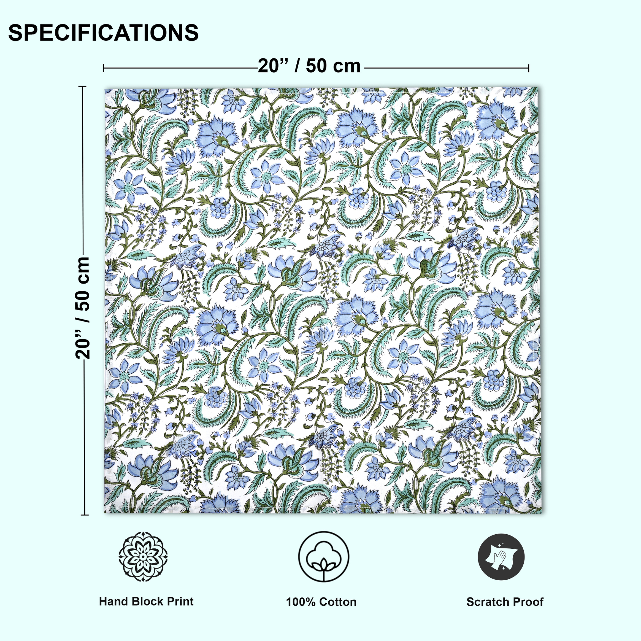 Floral patterned fabric with dimensions and certification icons on a white background