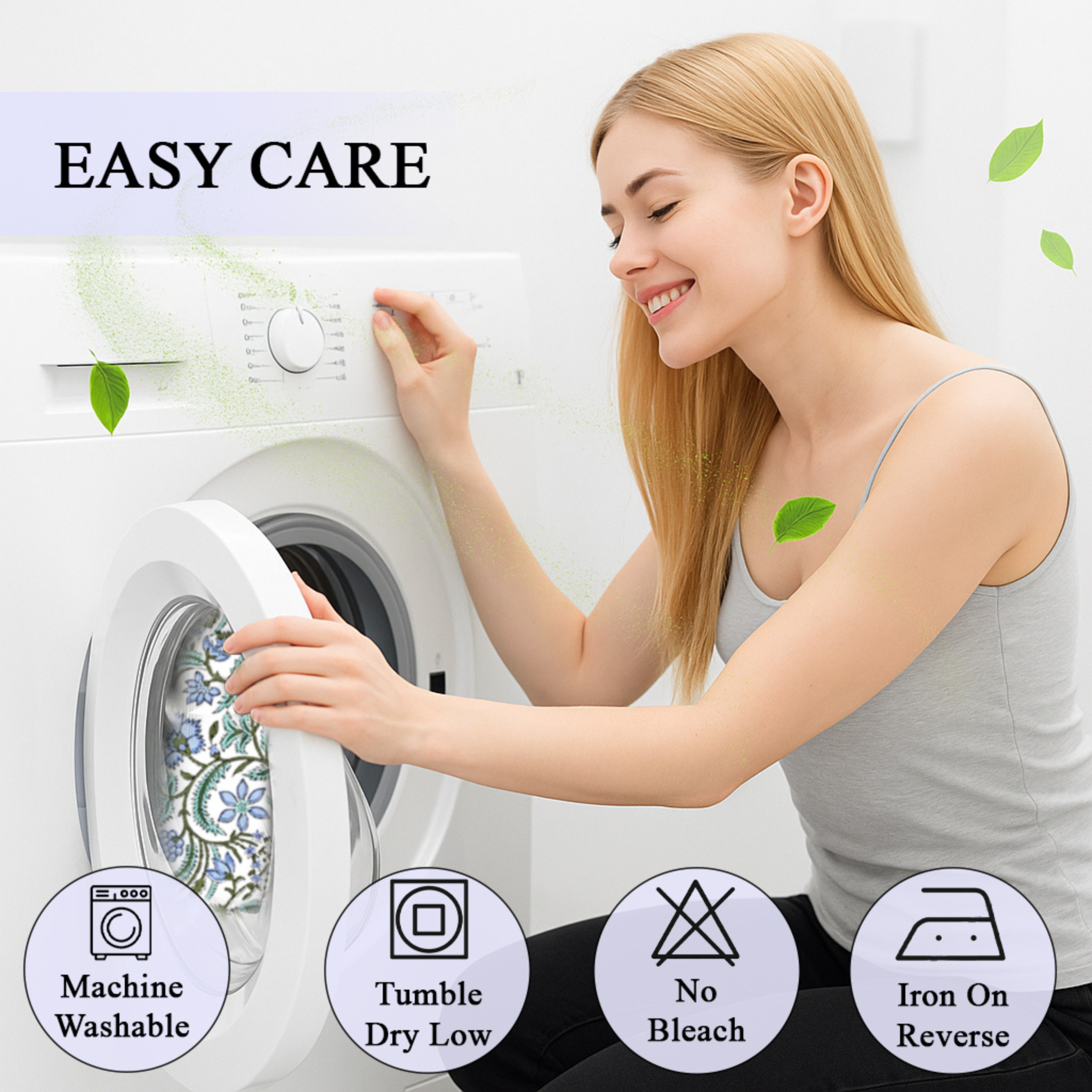 Woman interacting with a washing machine with icons and text indicating care instructions.