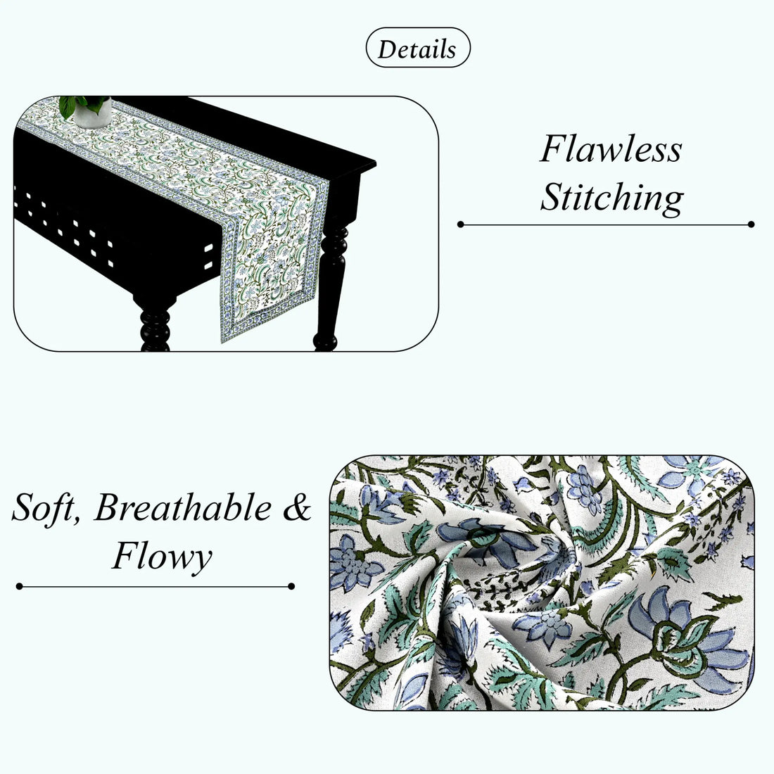 Table runner with floral pattern and text highlighting features on a white background