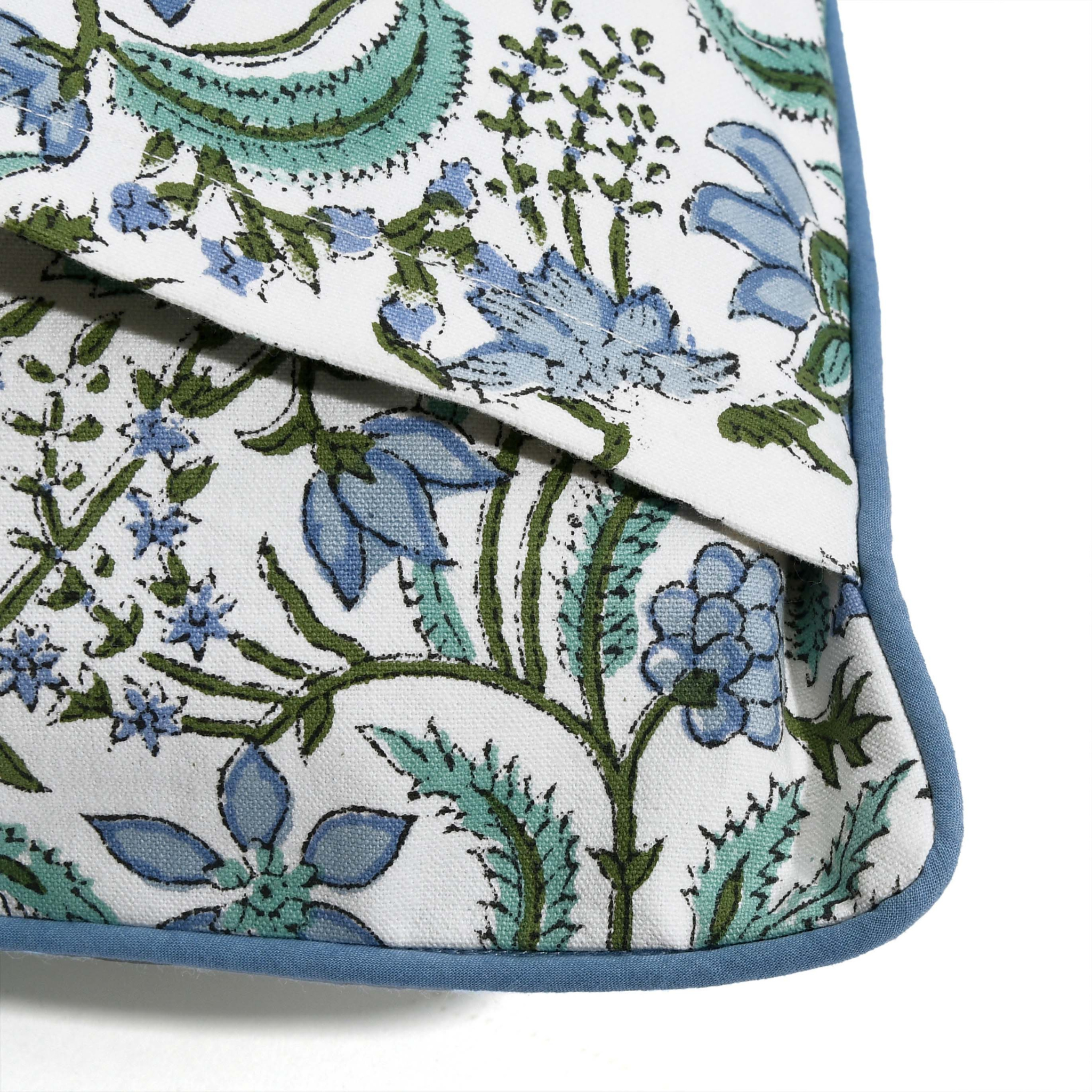 Floral patterned fabric with blue and green flowers on a white background