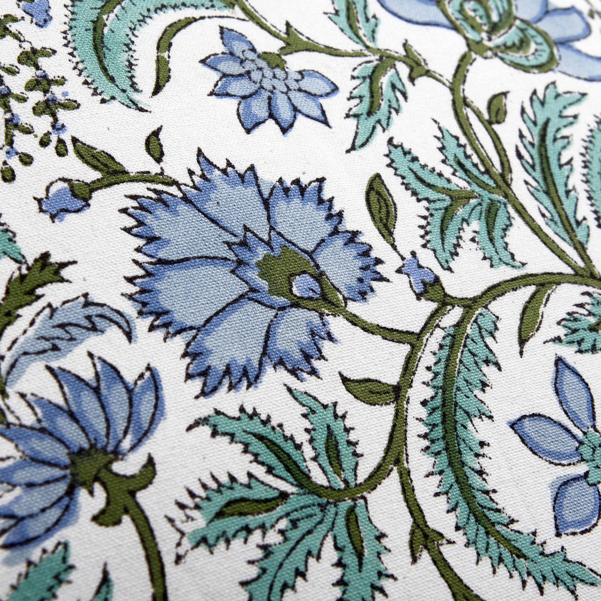 Close-up of floral pattern with blue and green flowers on a white background