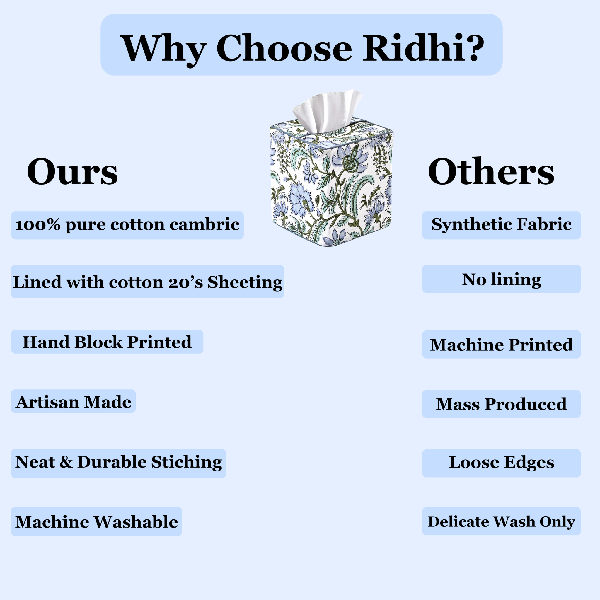 Comparison chart of features between 'Ours' and 'Others' products, with a floral tissue box illustration.