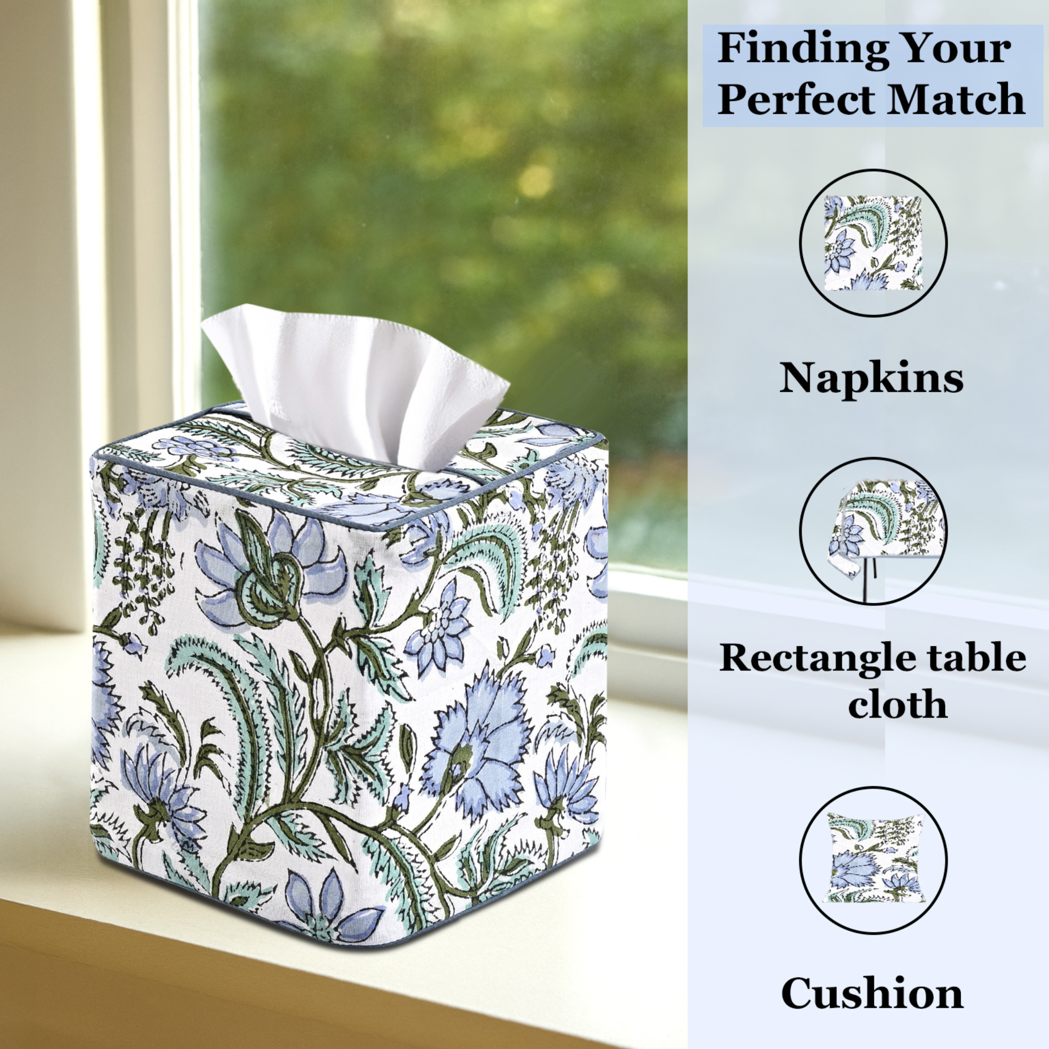 Floral-patterned tissue box on a windowsill with matching products suggested on the right.