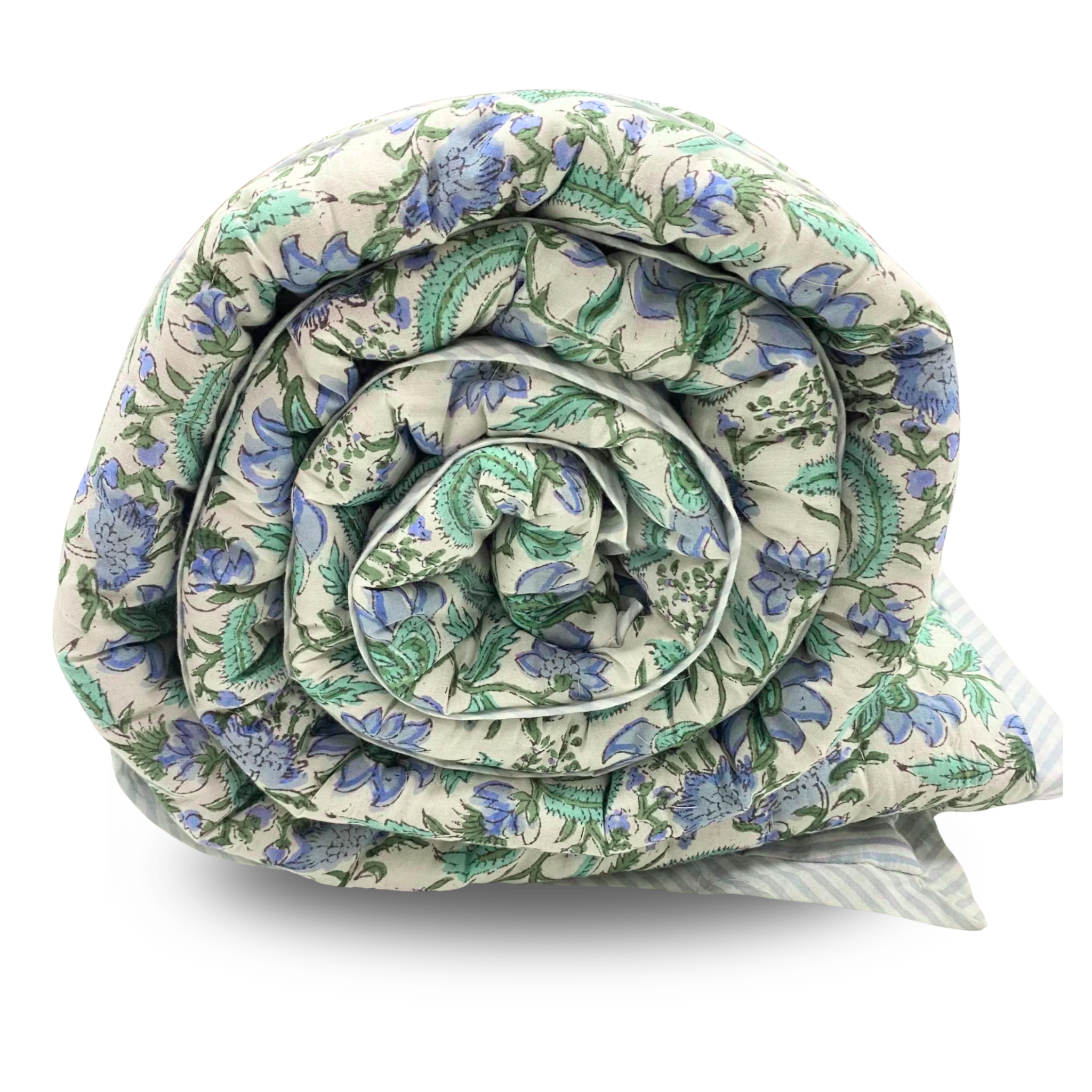 Roll of floral-patterned fabric on a white background