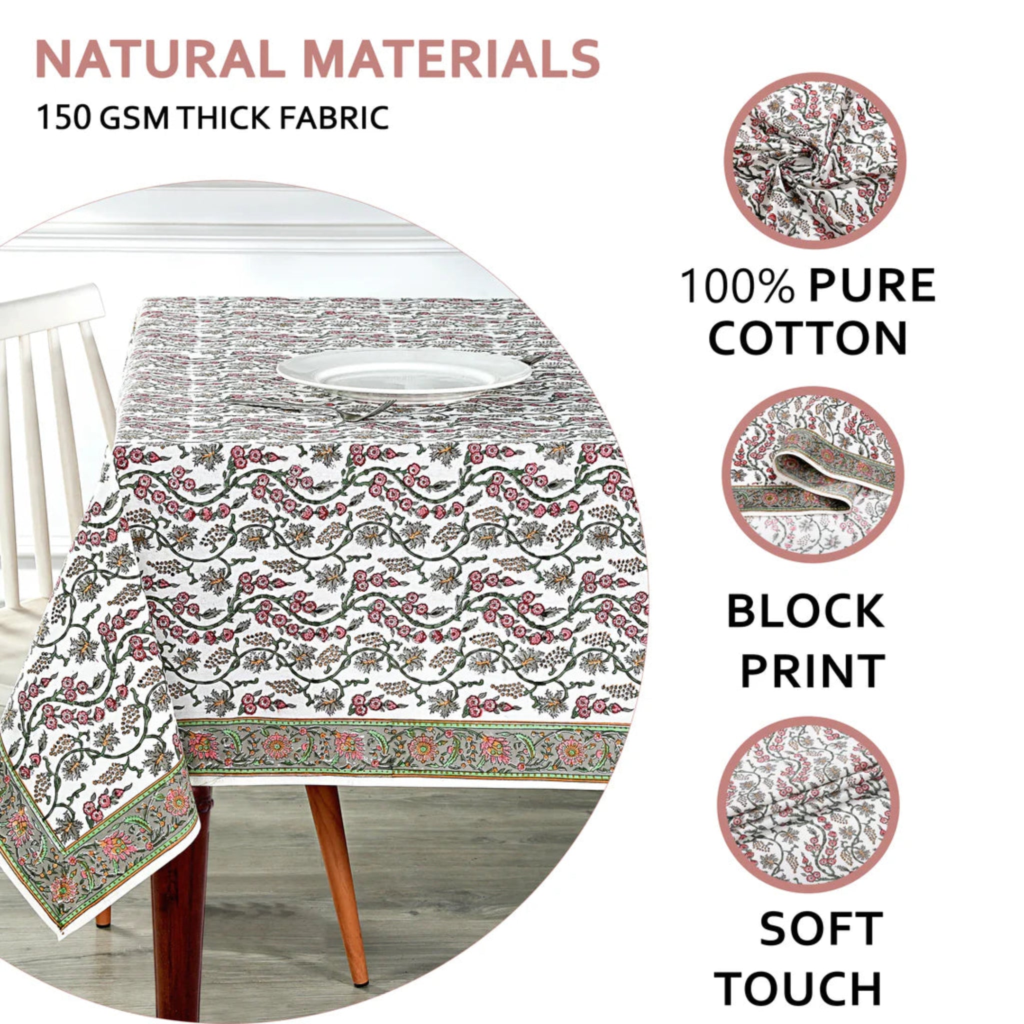 Tablecloth with floral pattern on a table, featuring text about natural materials and fabric properties.