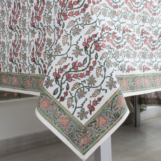 Floral patterned tablecloth on a white table