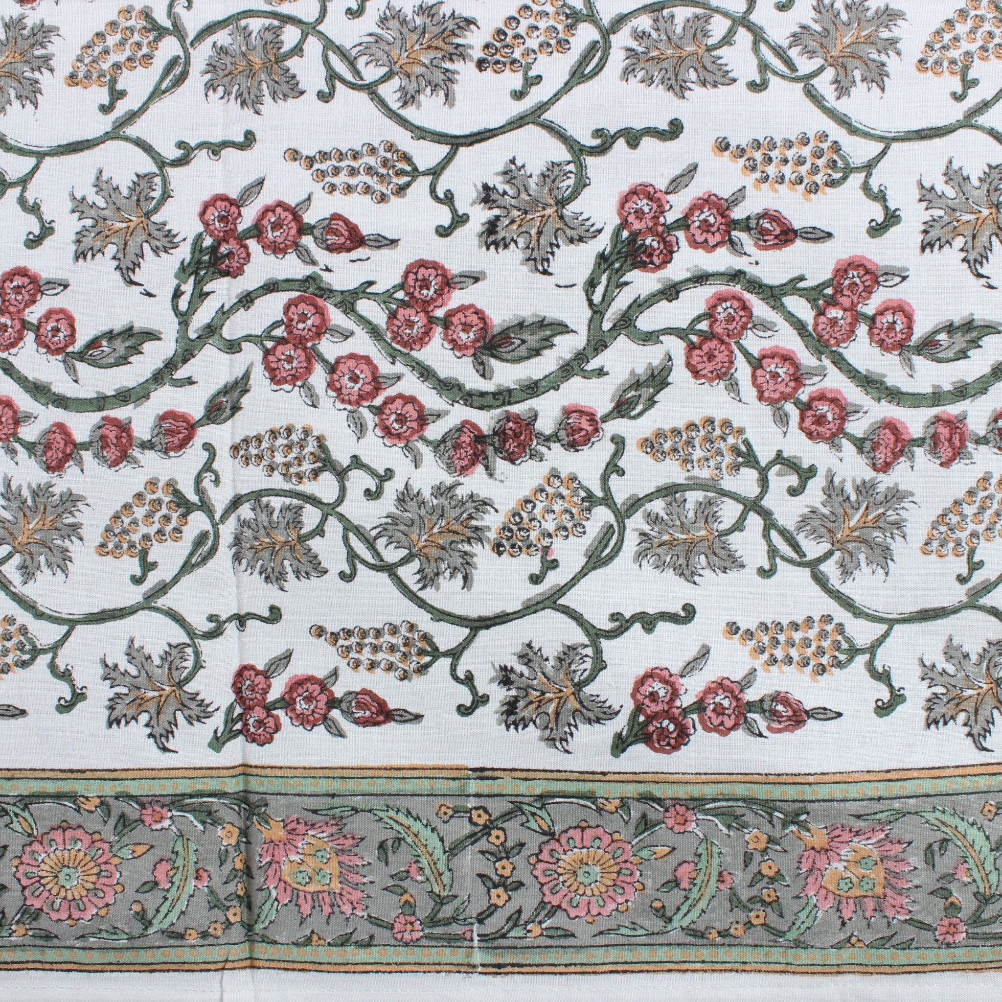 Close-up of a floral patterned fabric with intricate designs.