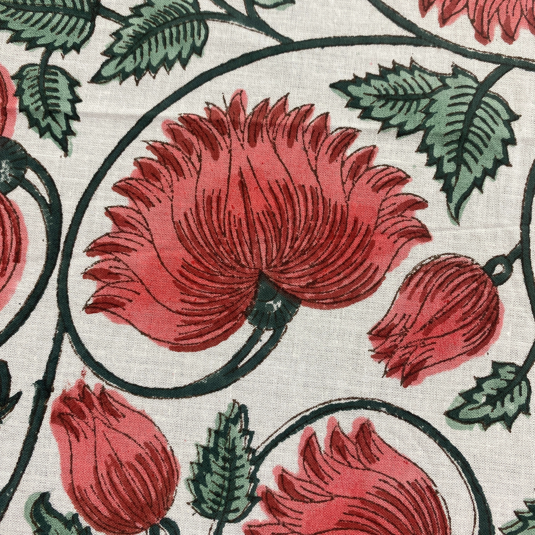 Close-up of a floral pattern with red flowers and green leaves on a white background