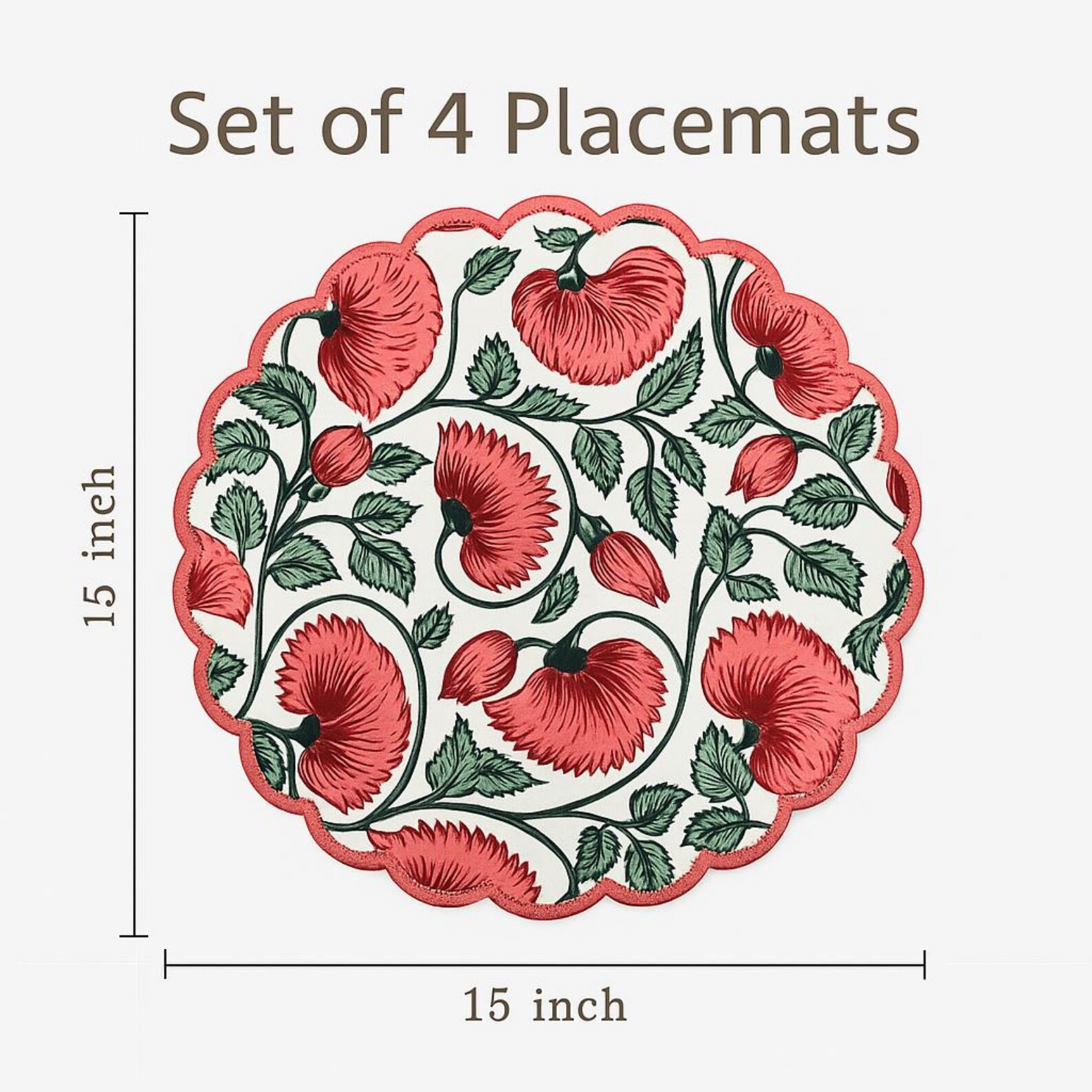 Set of 4 placemats with red floral design, dimensions shown