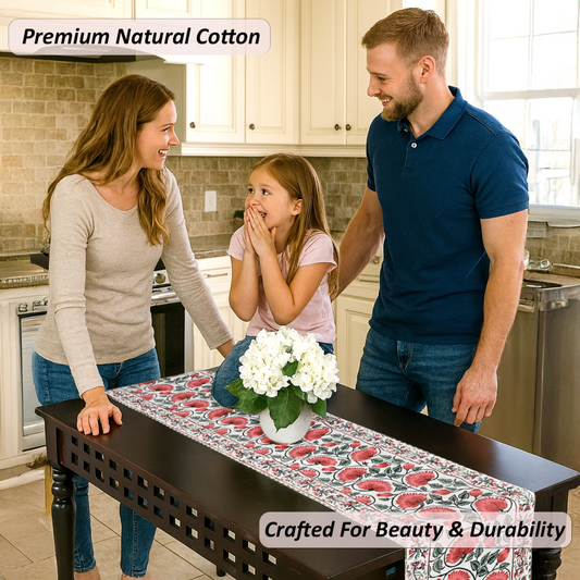 Family in a kitchen with a table runner featuring a floral pattern.