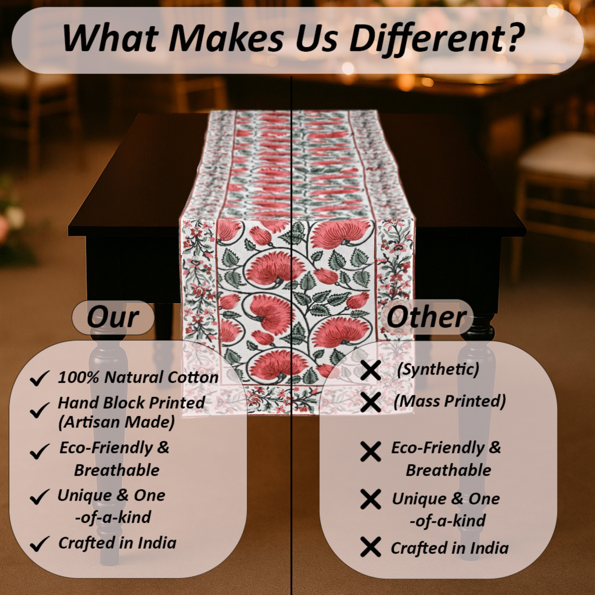 Table runner with floral pattern on a table, comparing 'Our' product to 'Other' products.
