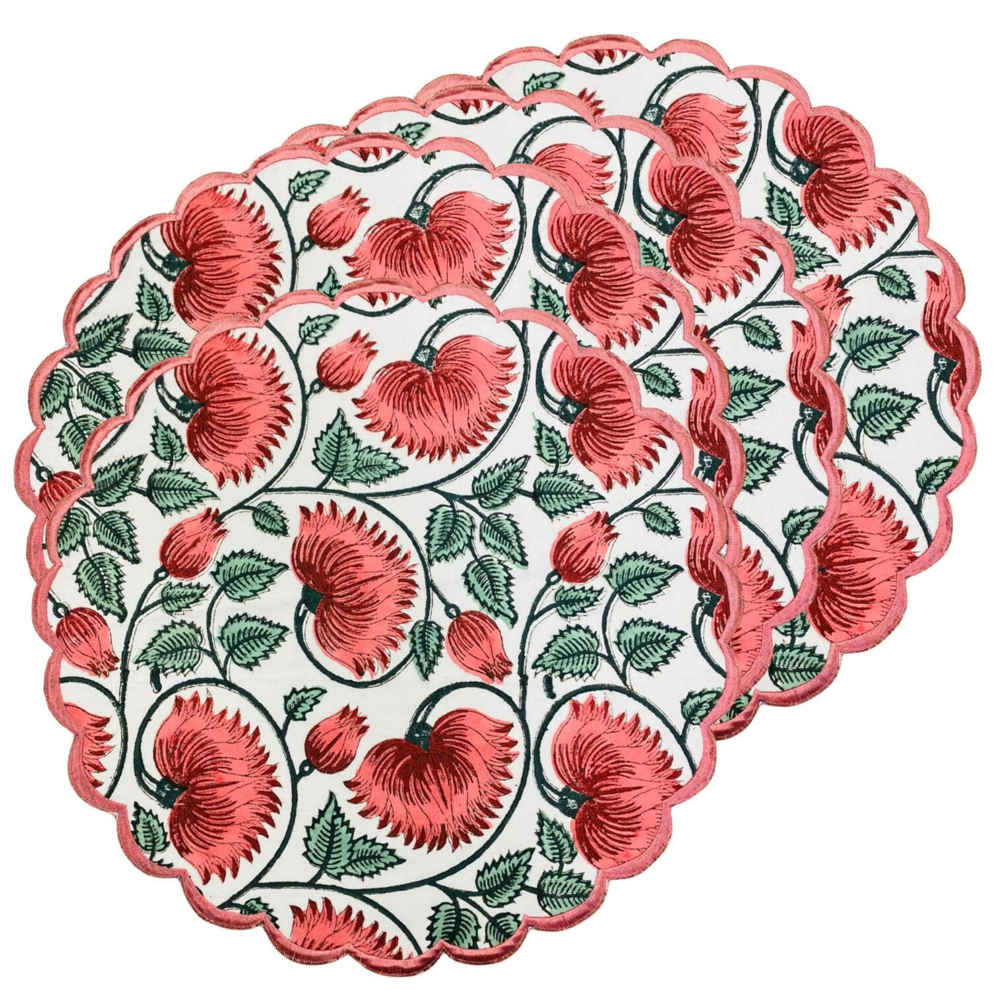 Round embroidered coaster with red floral pattern on a white background