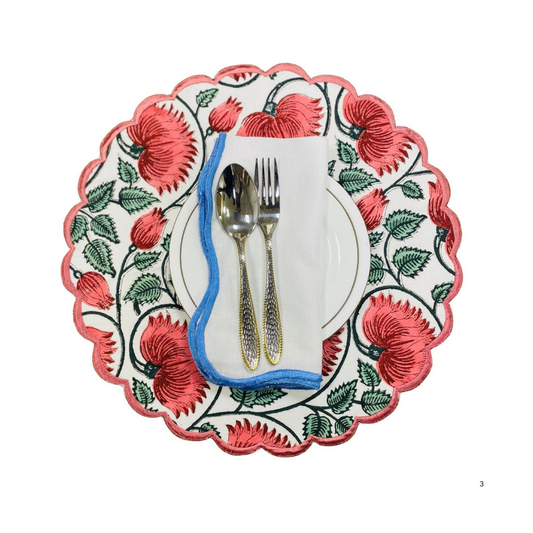 Decorative plate with floral design featuring cutlery and a napkin on a white background