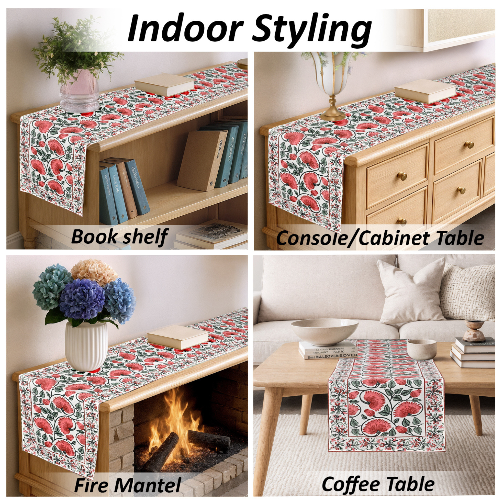 Collage of a floral table runner used on various furniture pieces including a bookshelf, console cabinet, fire mantel, and coffee table.