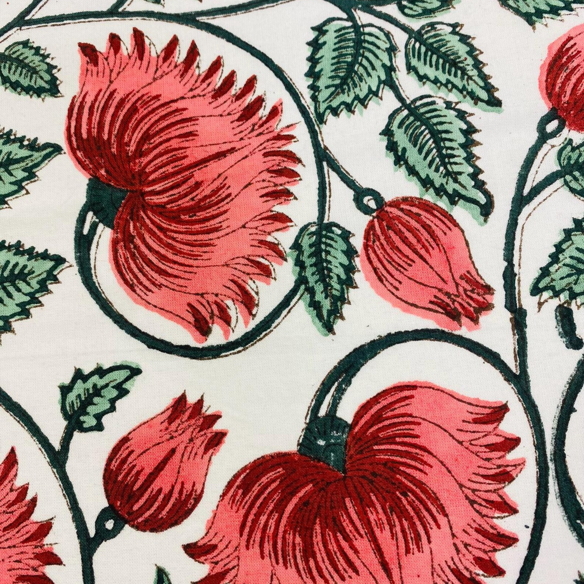 Close-up of a floral pattern with red flowers and green leaves on a white background