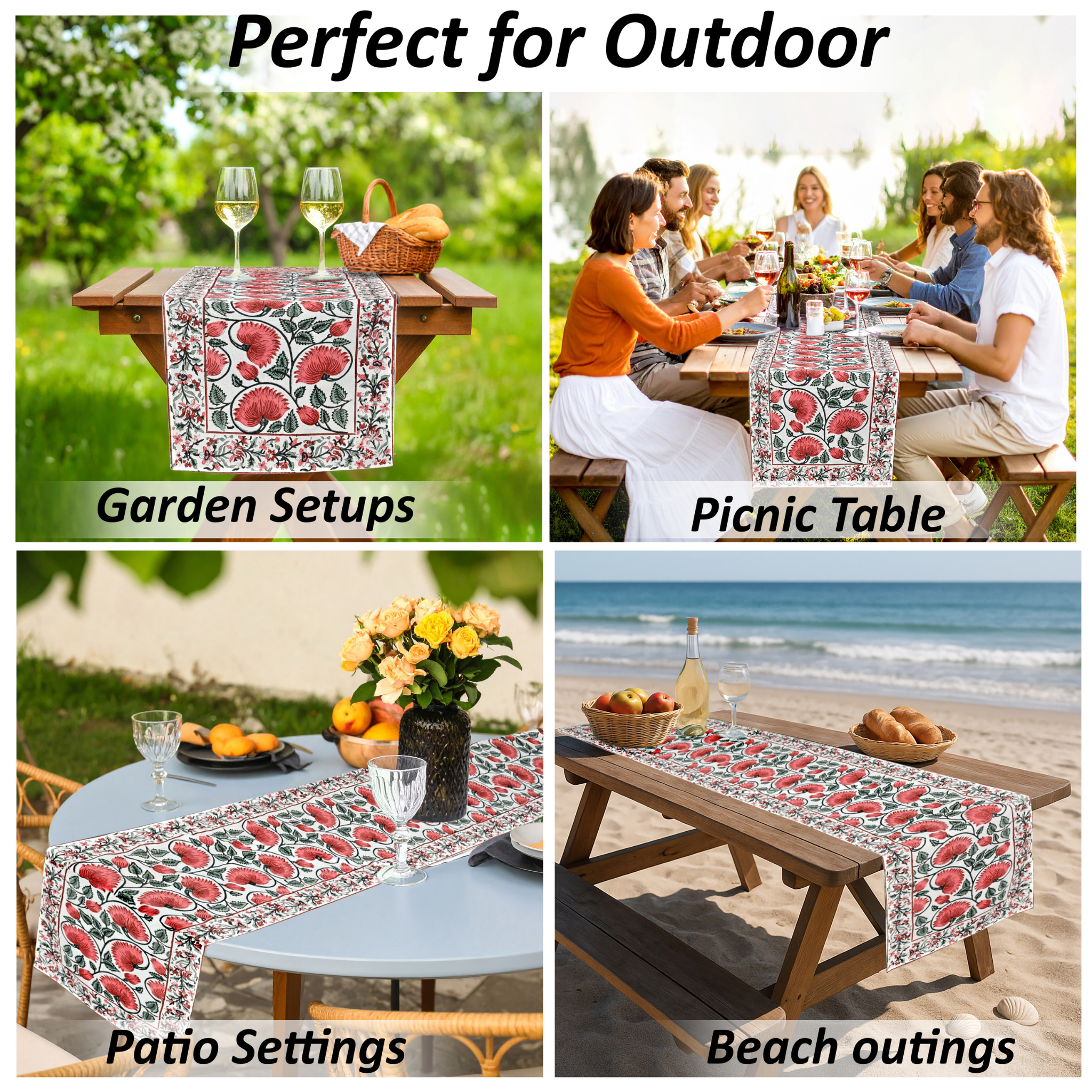 Table runner with floral pattern used in various outdoor settings including garden, picnic, patio, and beach.
