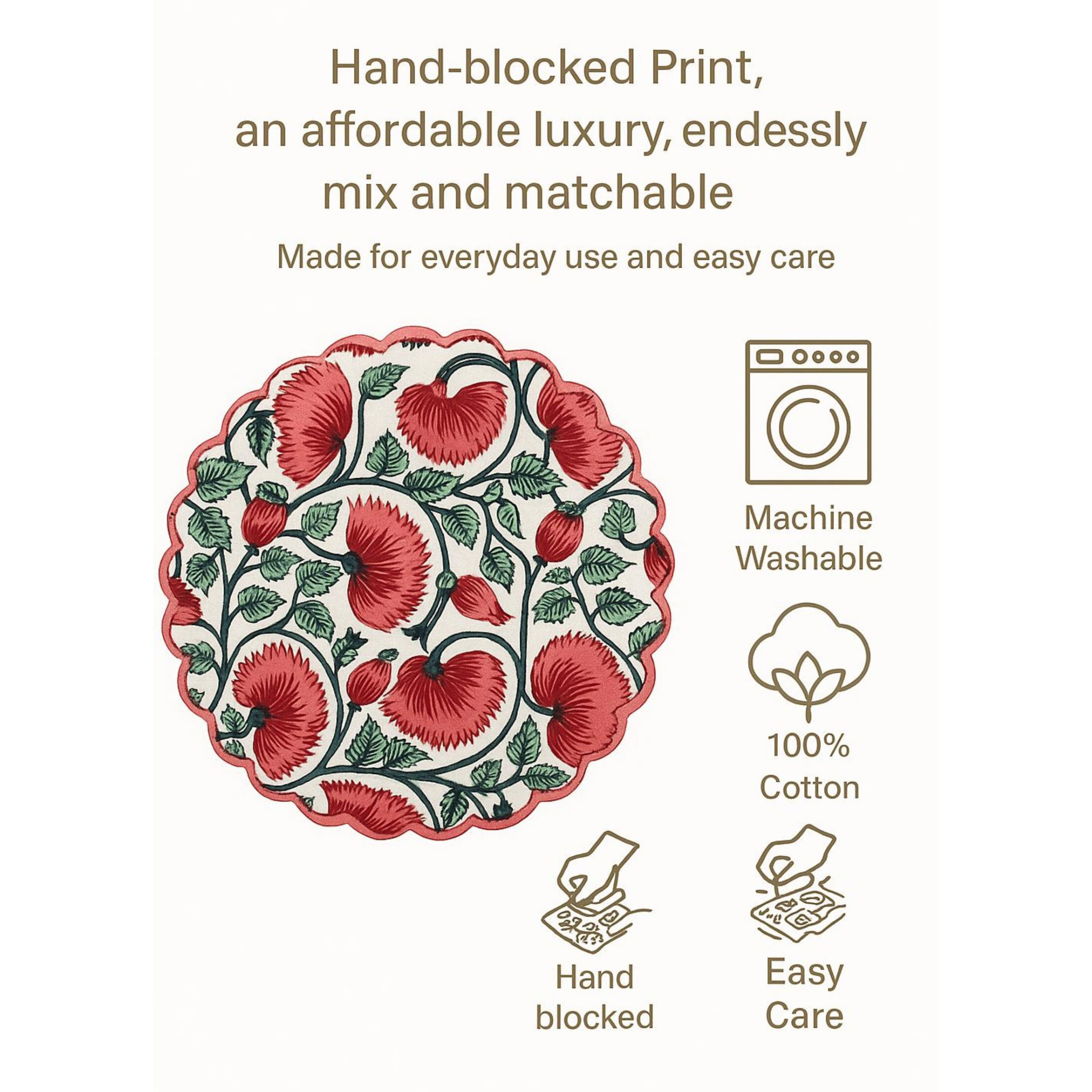 Decorative plate with red floral design on a white background, featuring text about product features.