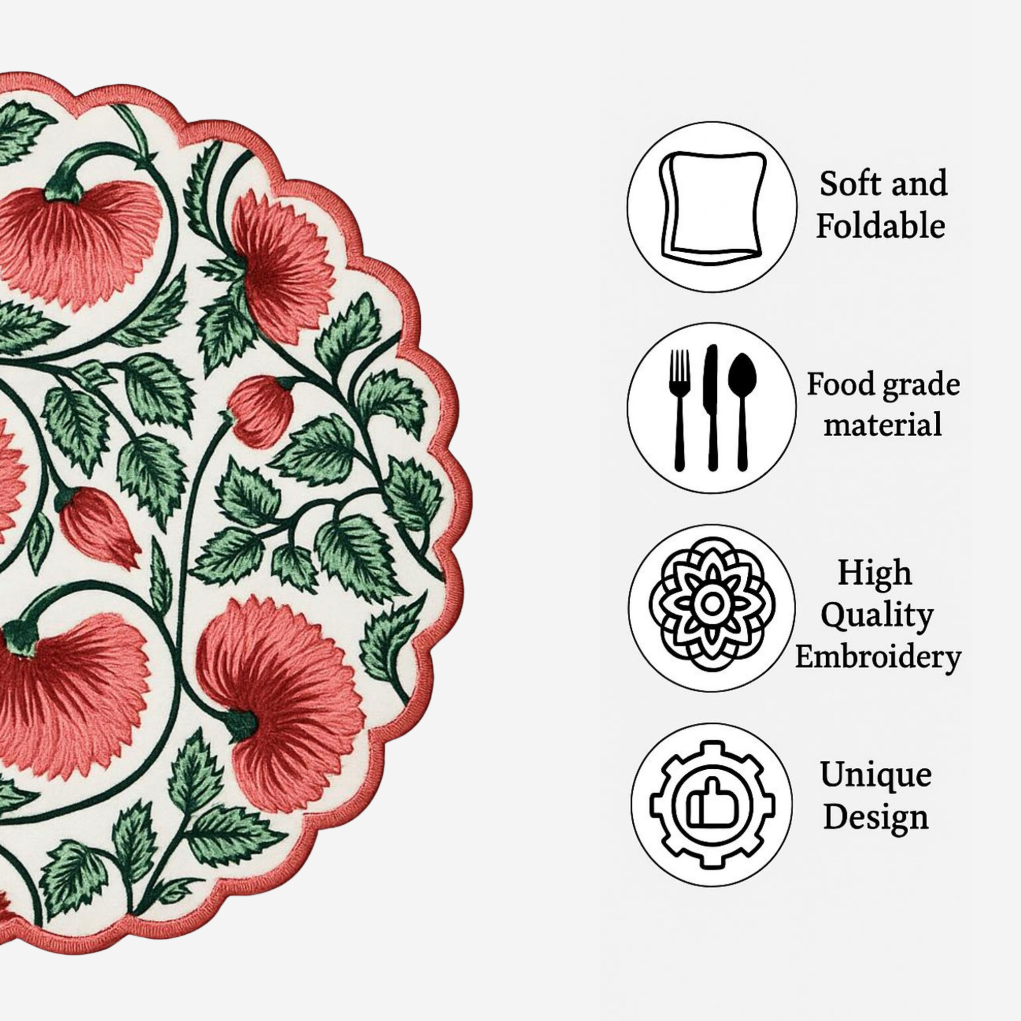 Decorative plate with floral design and features listed on a white background