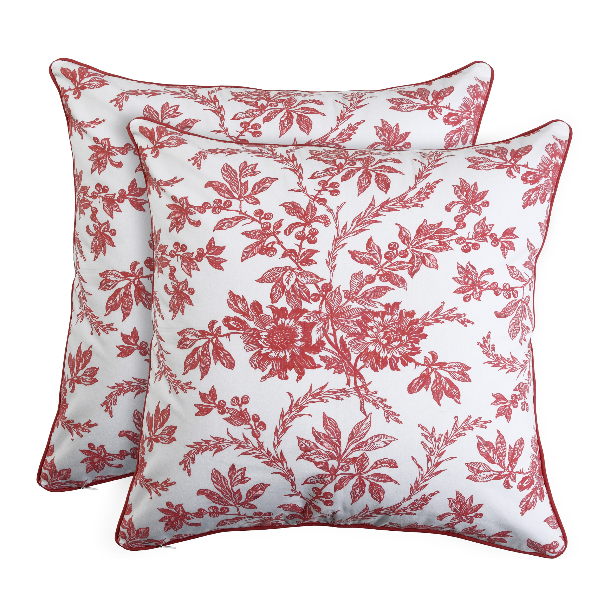 Two red floral-patterned pillows on a white background