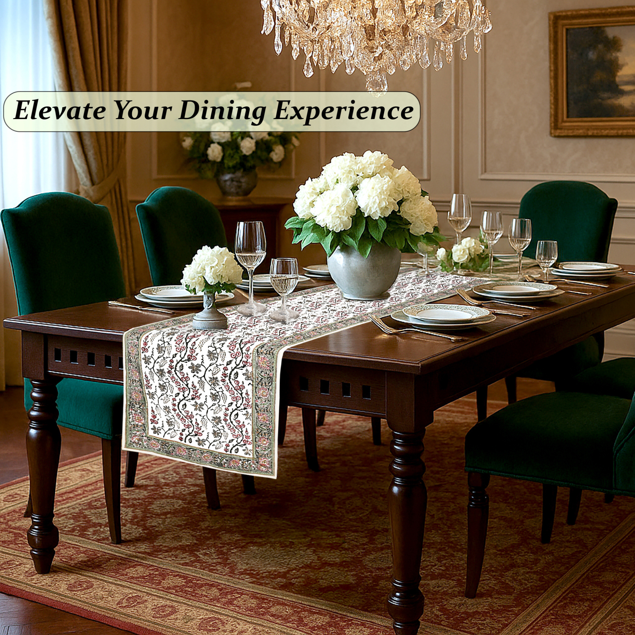 Dining room with a set table, floral arrangements, and a chandelier.