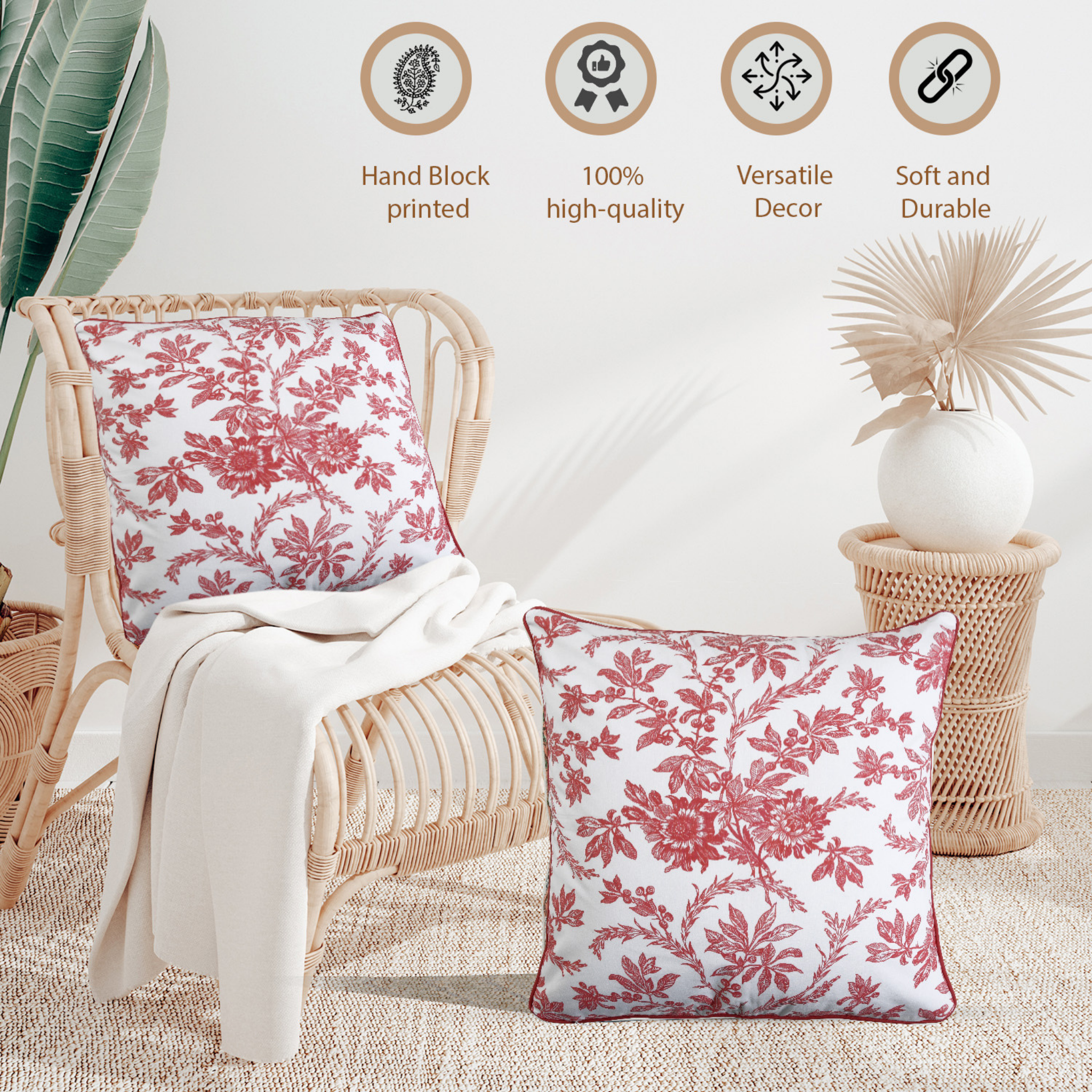 Floral patterned cushions on a wicker chair with decorative elements and quality assurance icons.