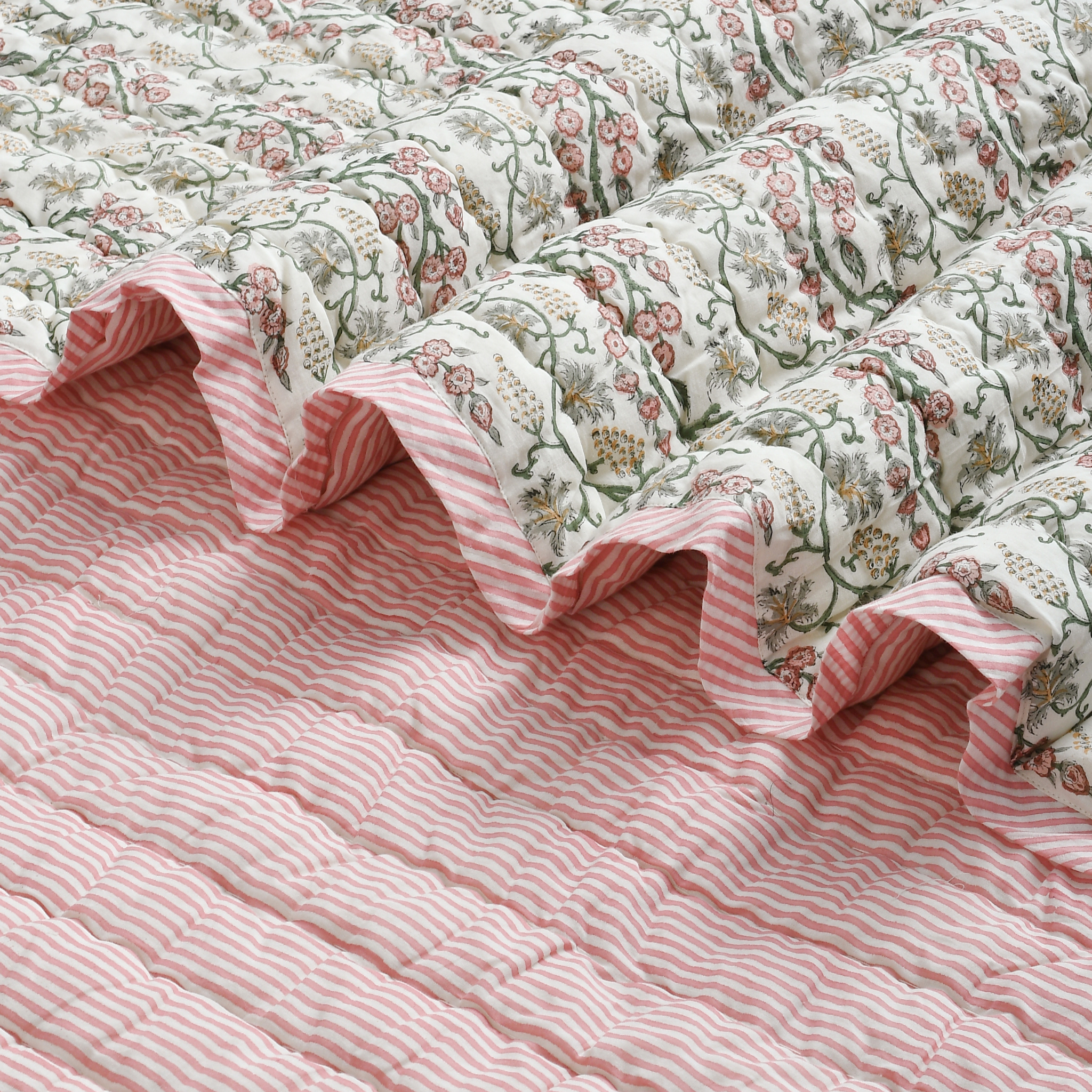 Close-up of floral and striped fabric textures