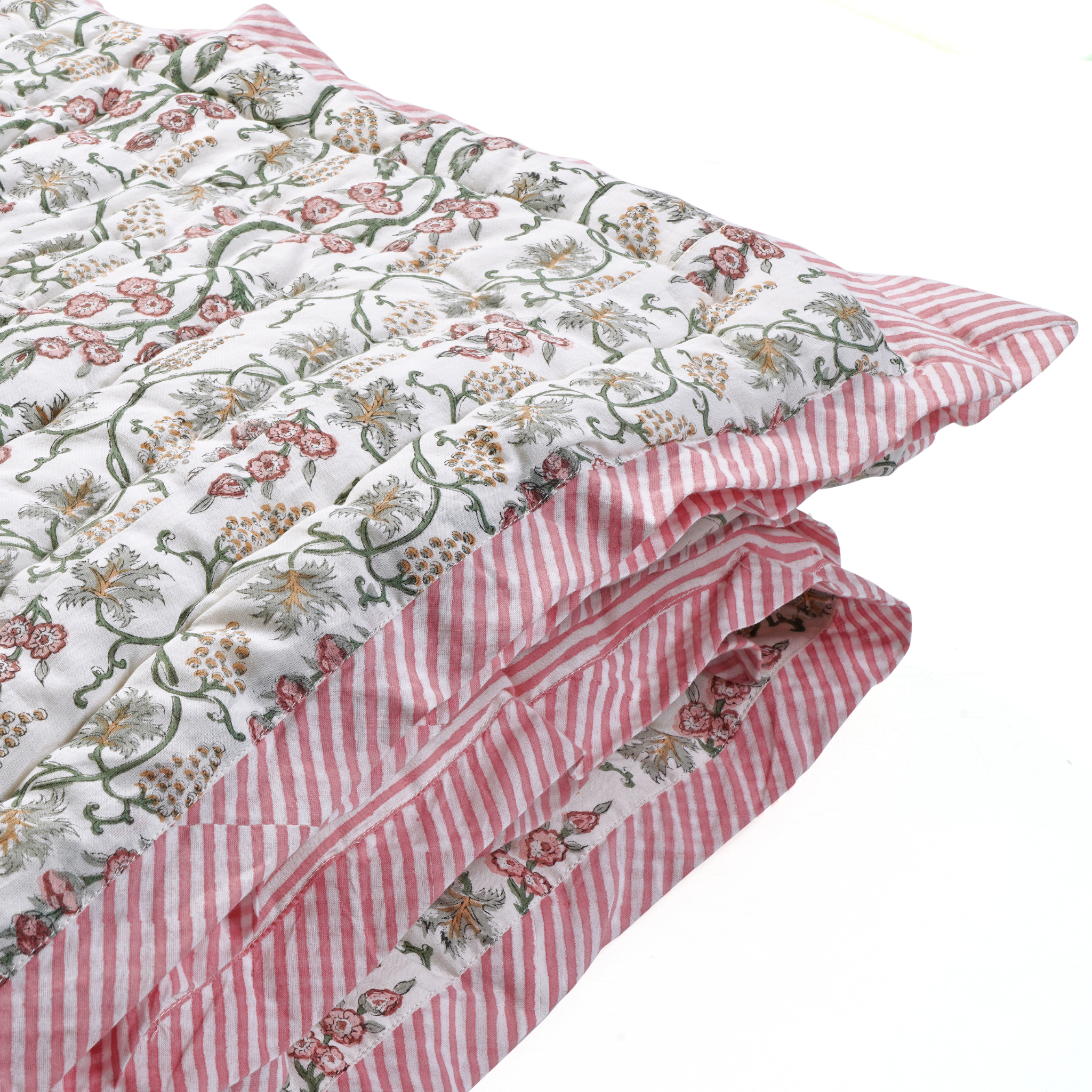 Floral and striped fabric with a white background