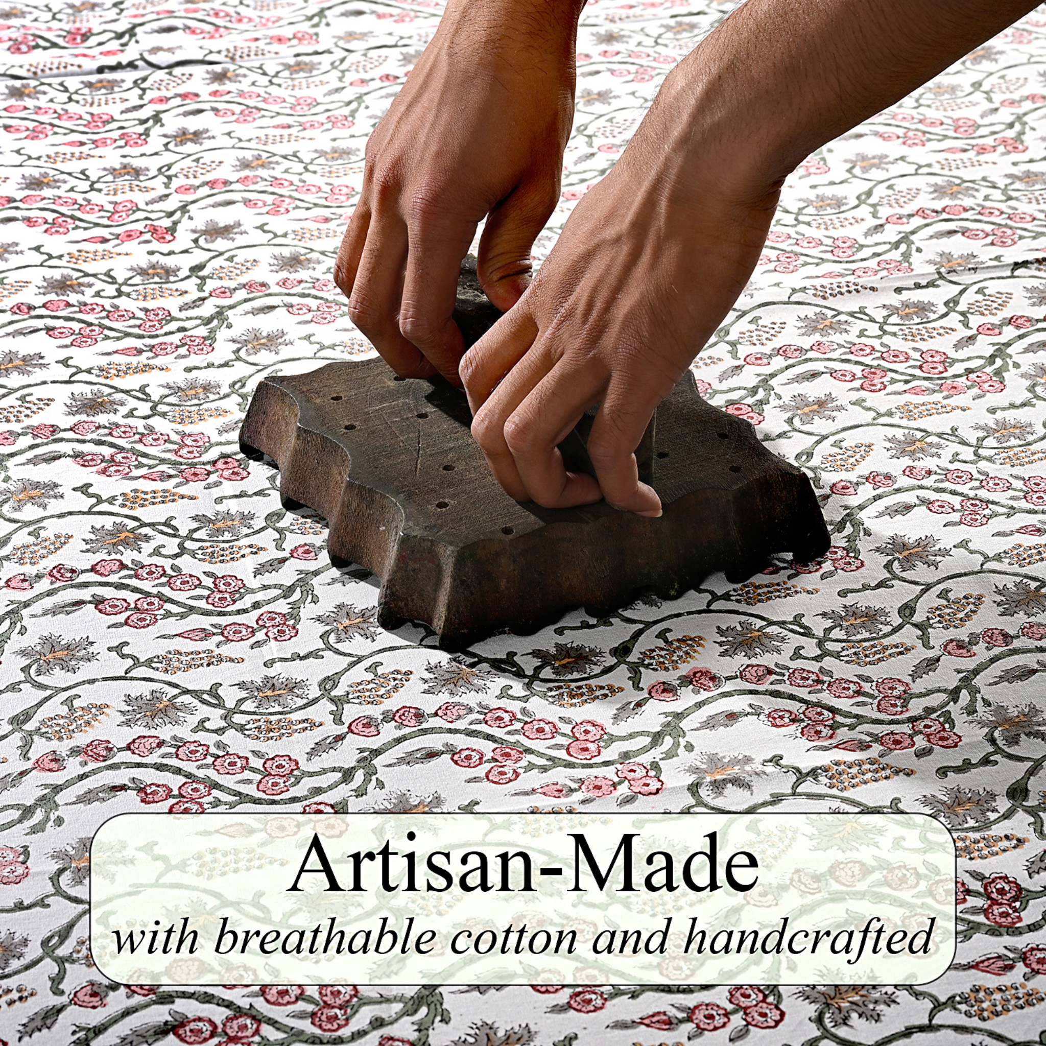 Hand using a stamp on fabric with 'Artisan-Made' text overlay
