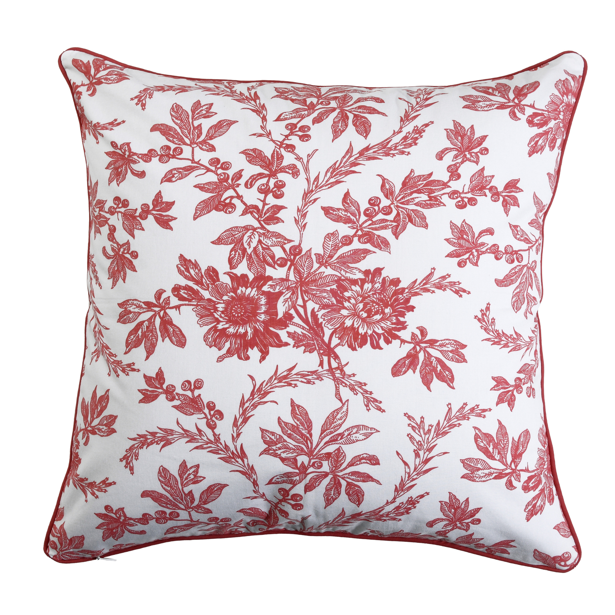 Floral patterned pillow with red design on a white background