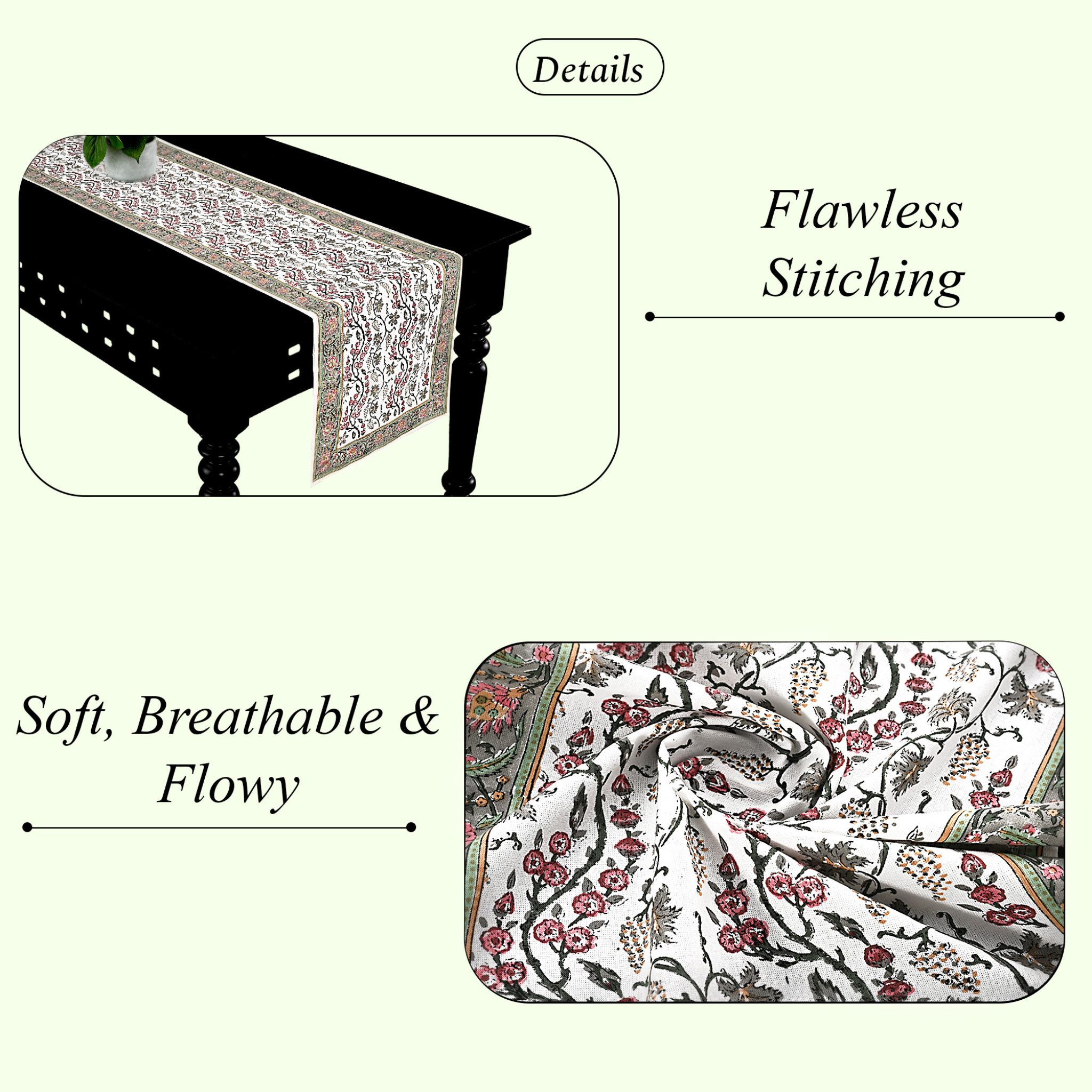 Tablecloth with floral pattern on a table, highlighting 'Flawless Stitching' and 'Soft, Breathable & Flowy' text.
