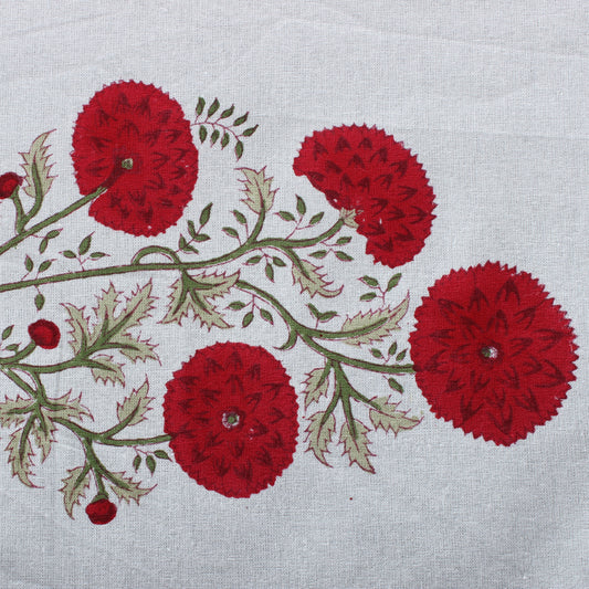 Embroidered design of red flowers and green leaves on a white fabric background