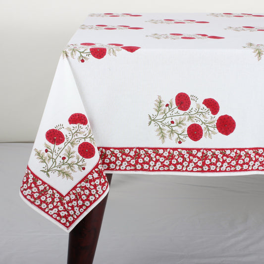 Decorative tablecloth with floral and berry pattern on a white background