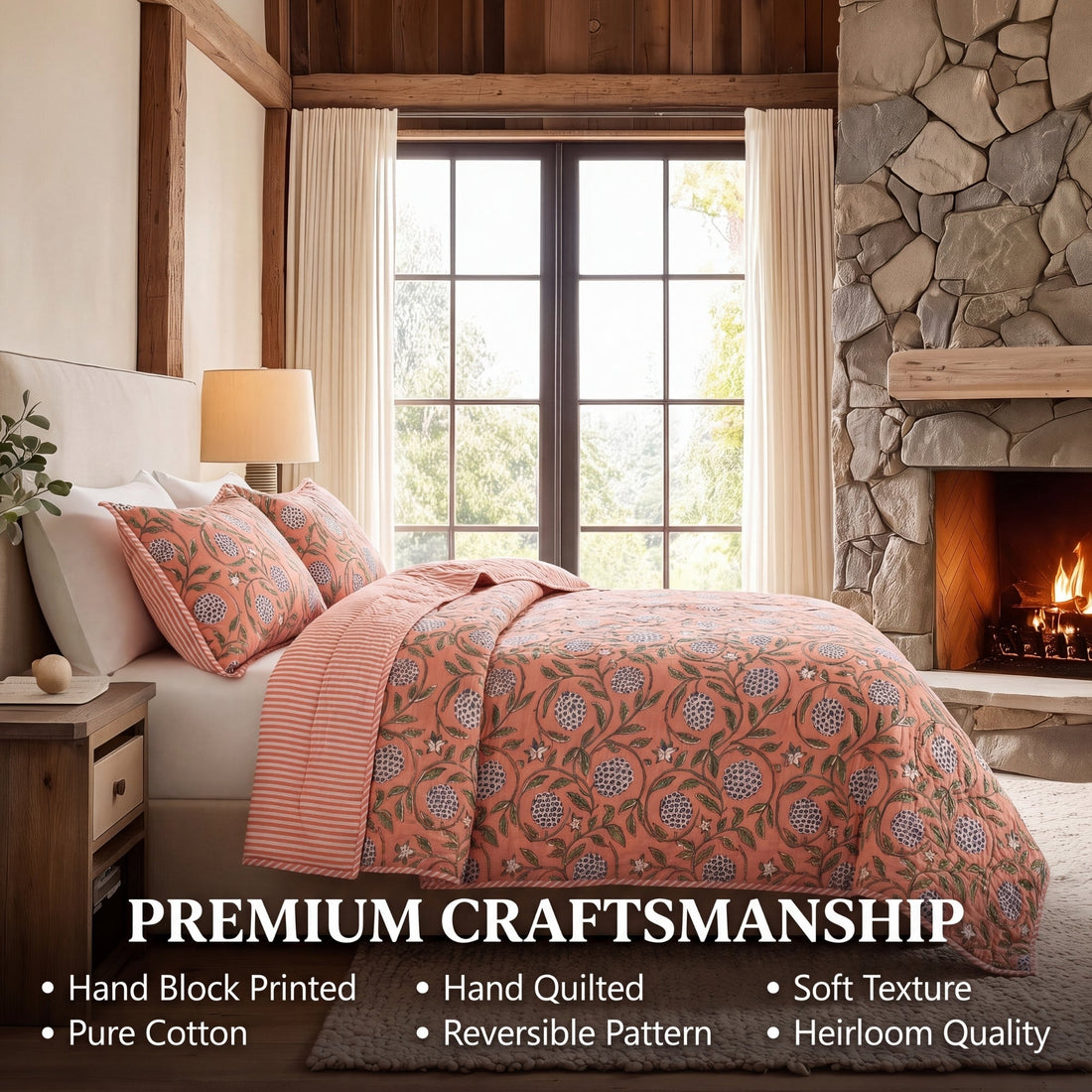 Dark Salmon Pink Quilt Ridhi Block Print