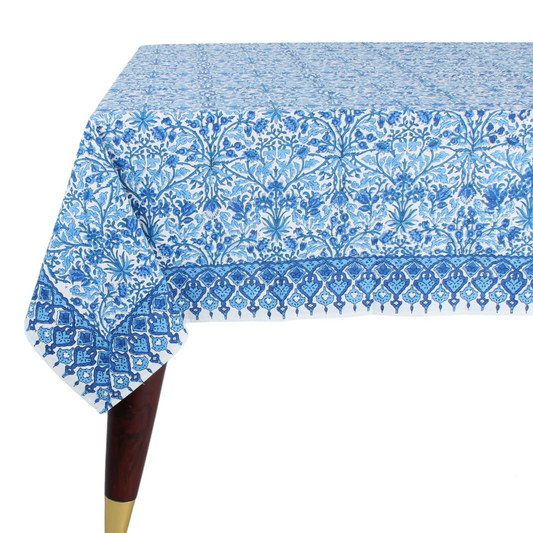 Tablecloth with blue floral pattern on a white background