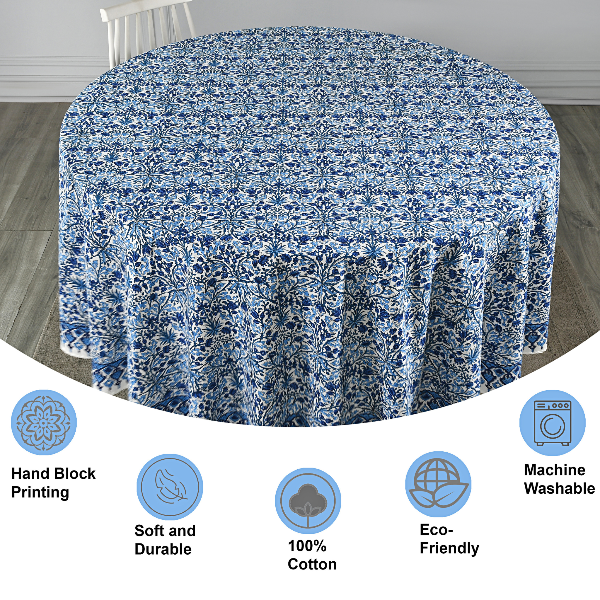 Round tablecloth with blue floral pattern on a wooden floor, featuring icons and text about product features.