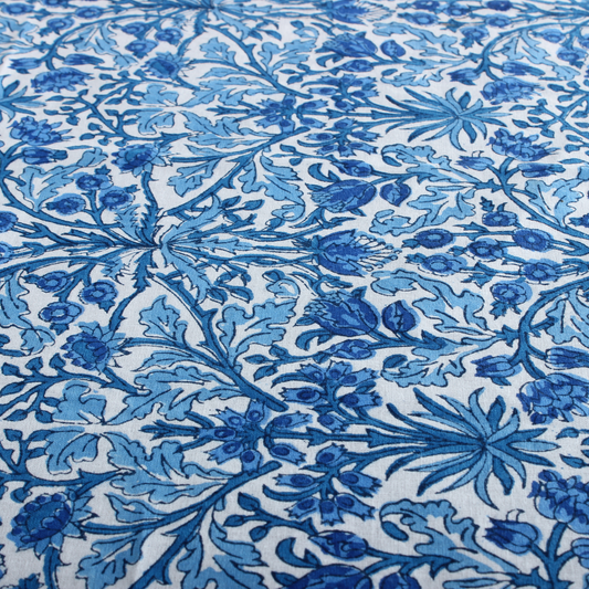 Close-up of blue floral pattern on white fabric