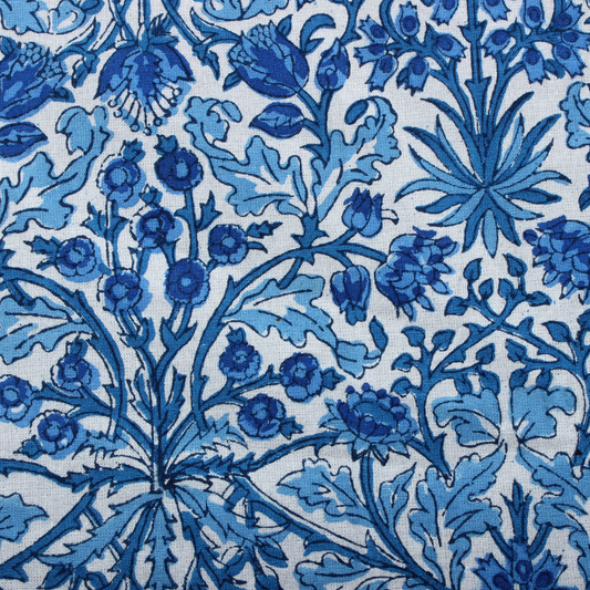 Close-up of blue floral pattern on a white background