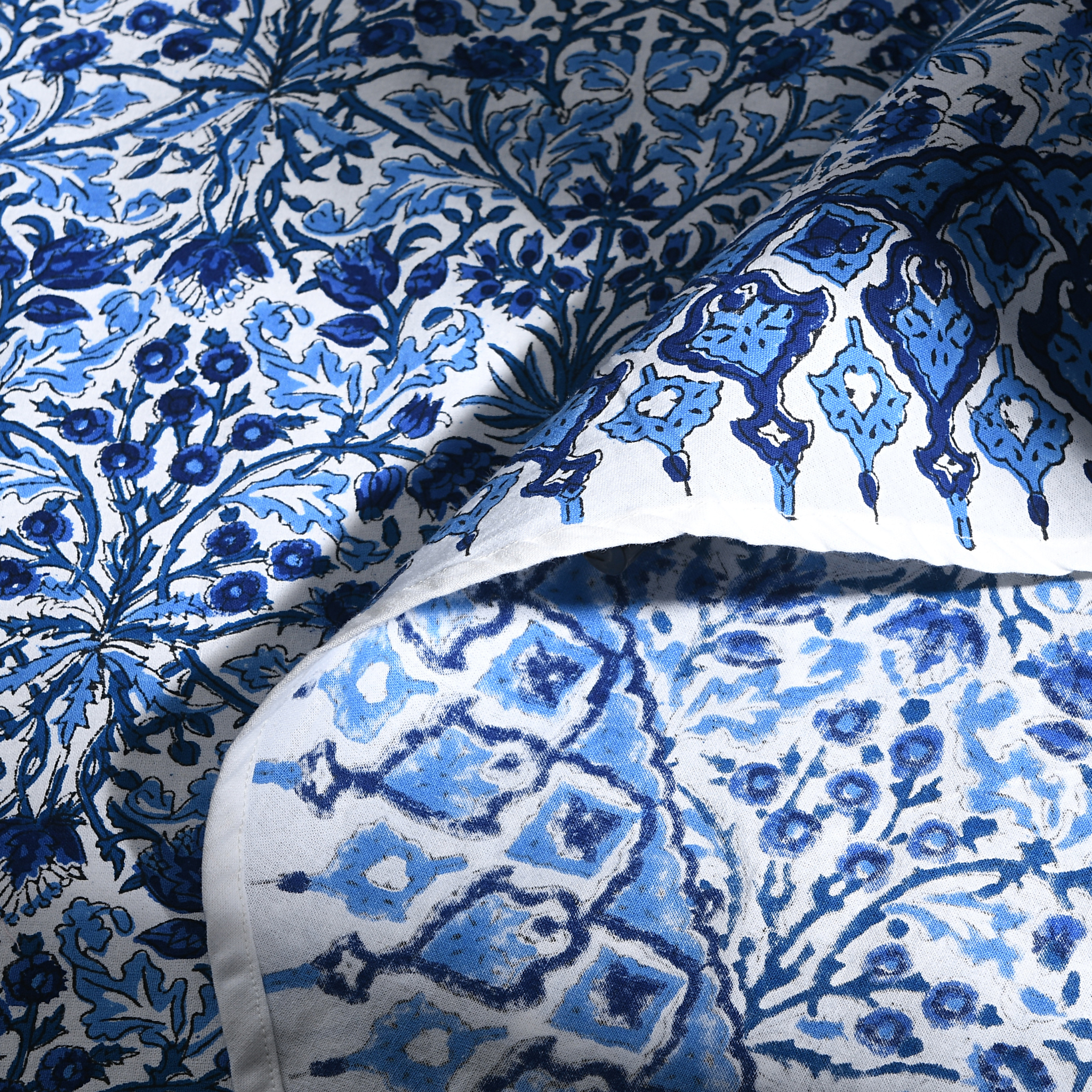 Close-up of blue and white patterned fabric
