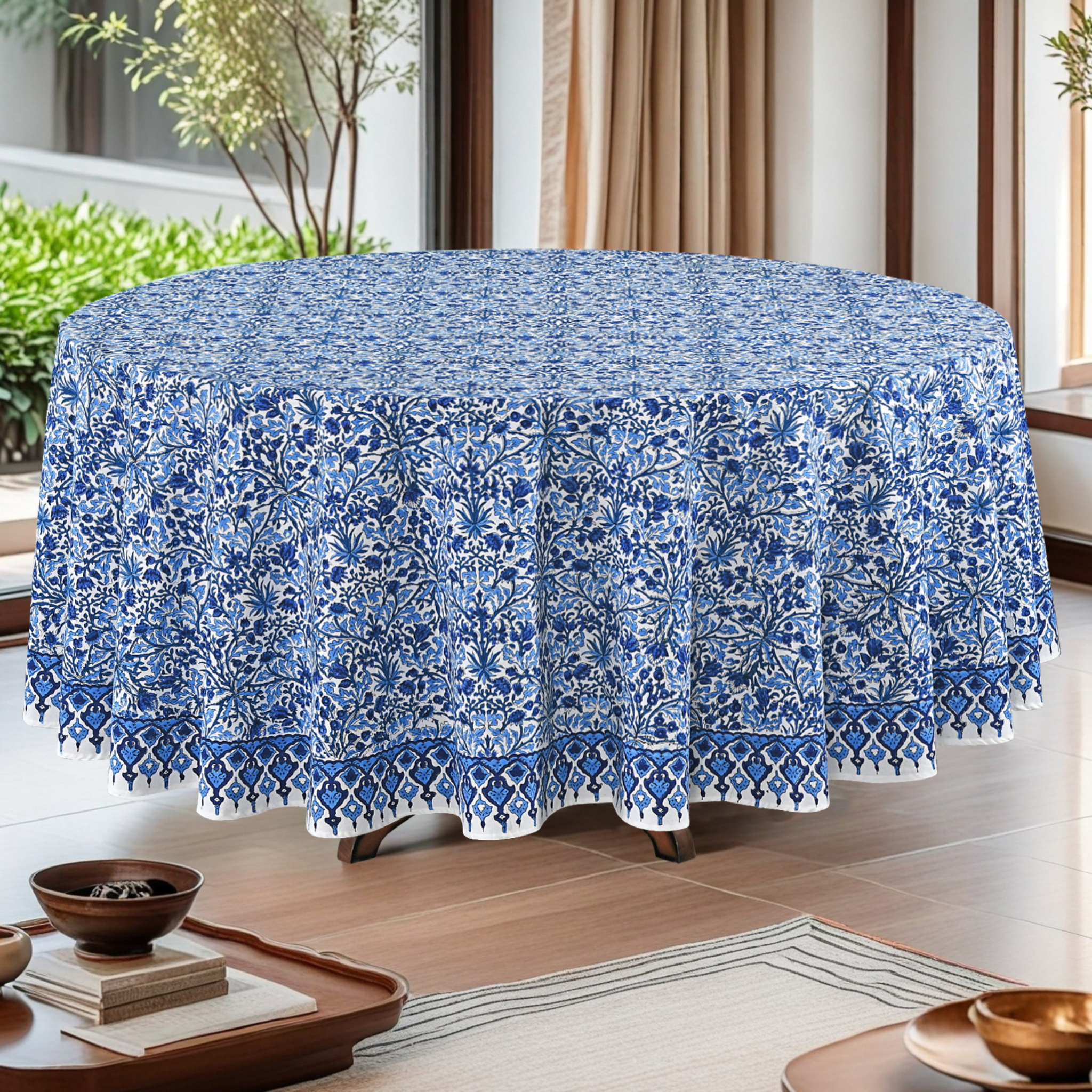 Round table covered with a blue floral patterned tablecloth in a room with plants and decor.