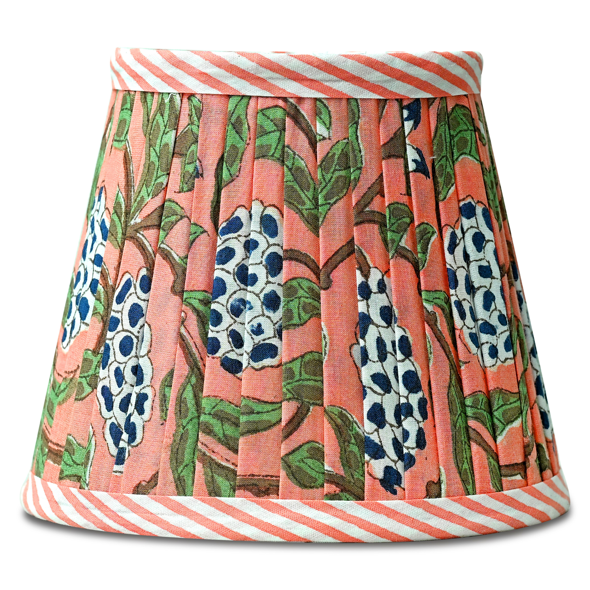 Lampshade with floral pattern and striped hem on a white background