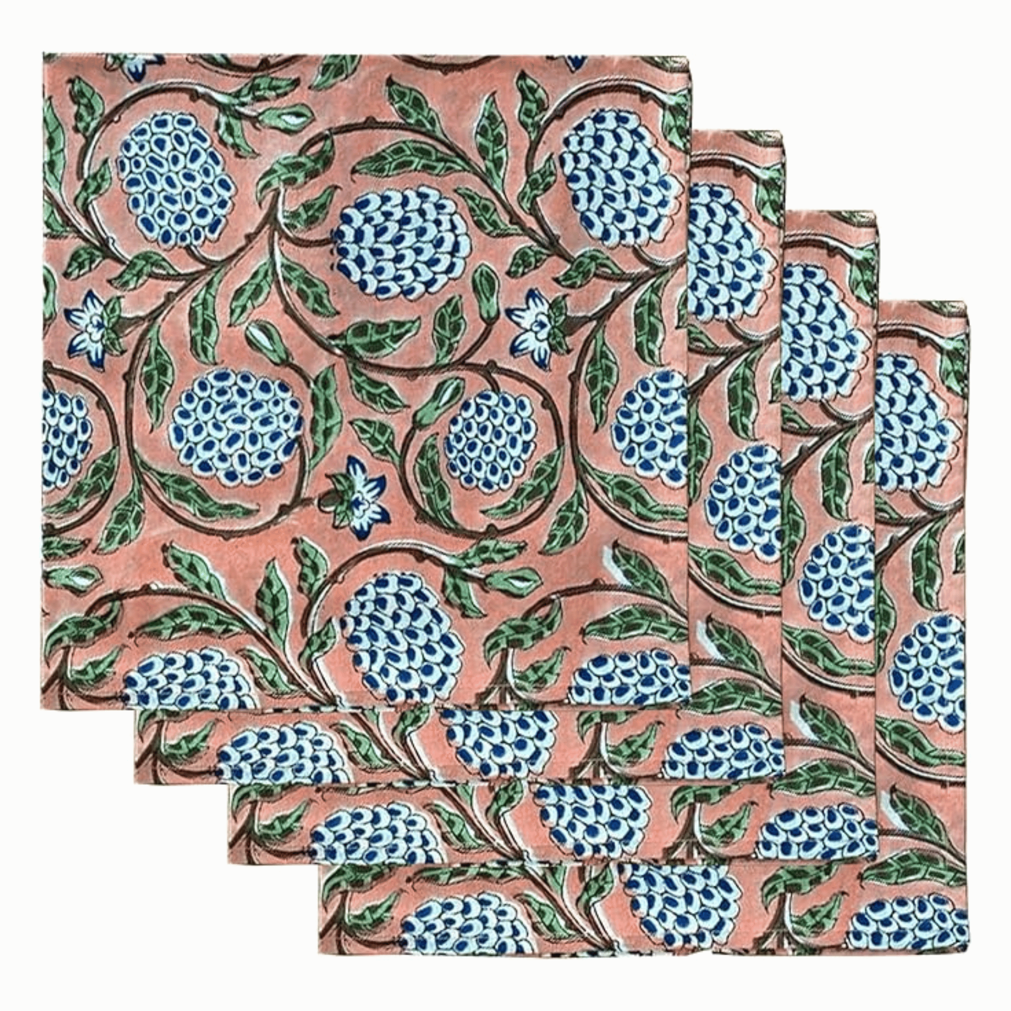 Set of three floral patterned napkins on a white background