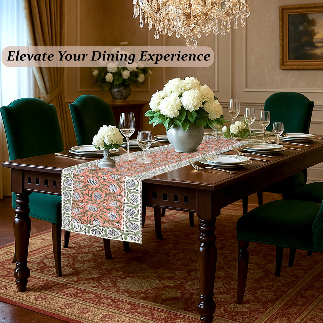 Dining room with a table set for dinner, flowers, and a chandelier.