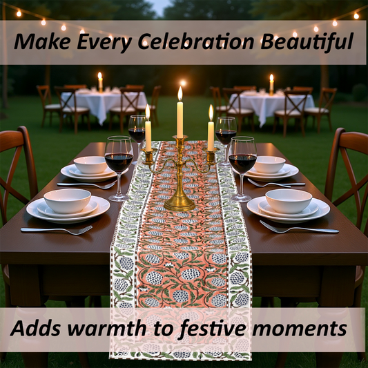 Dining table set with a decorative table runner, candles, and wine glasses outdoors.
