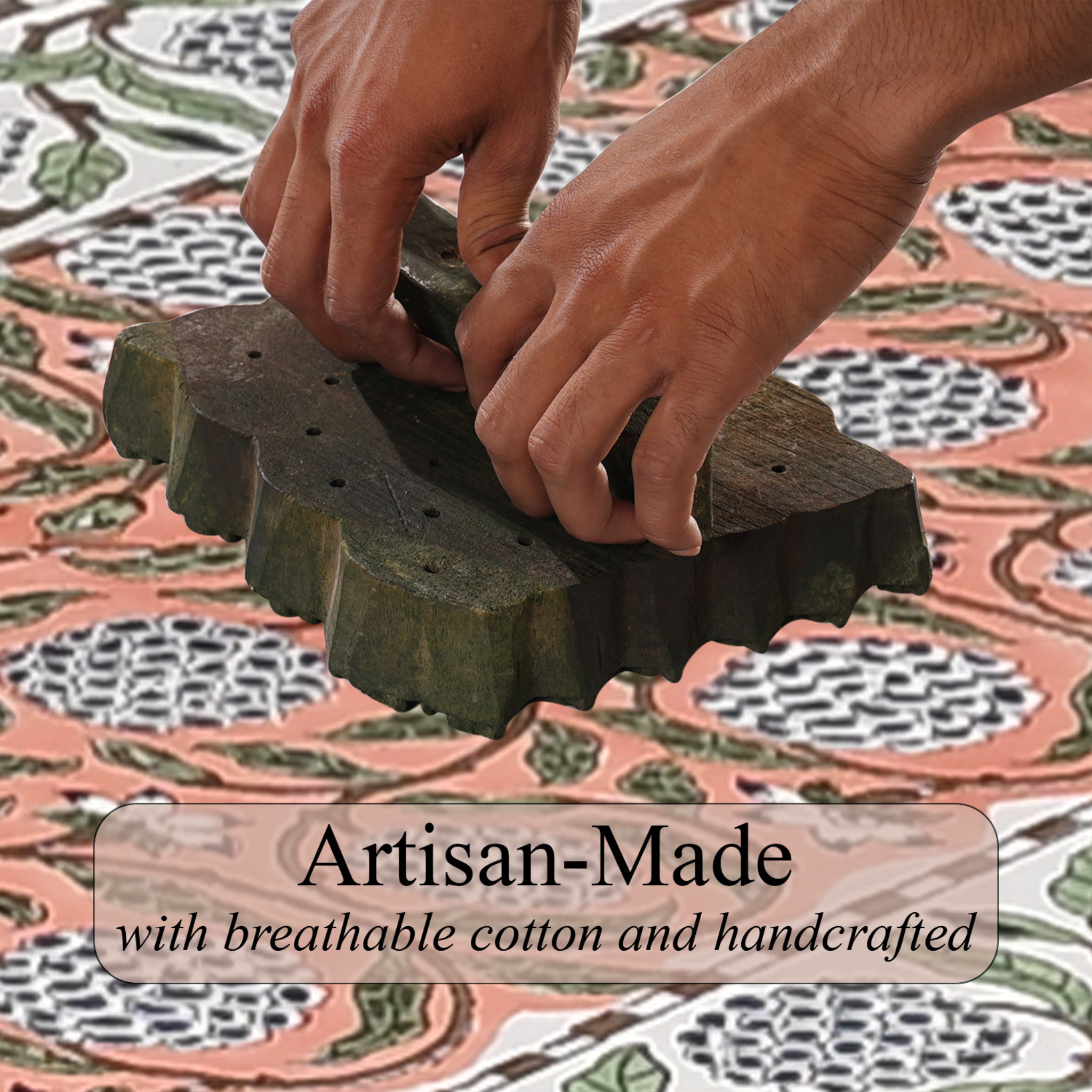 Hands using a traditional stamp on fabric with 'Artisan-Made' text overlay