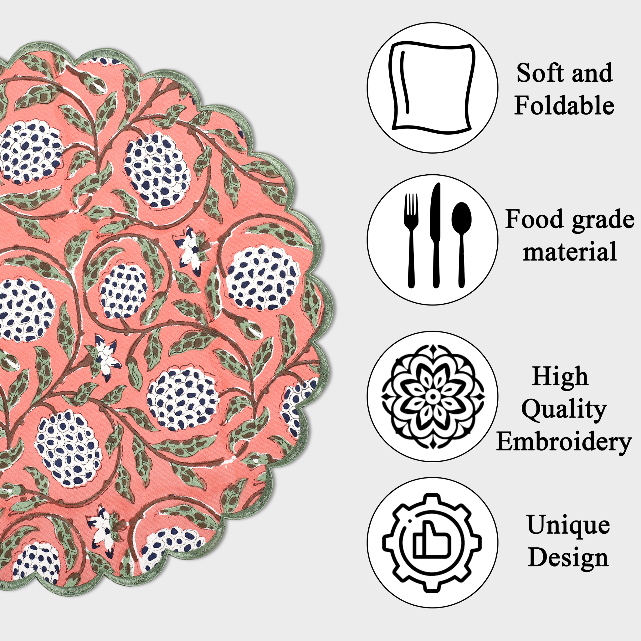 Decorative placemat with floral pattern and features listed on a white background