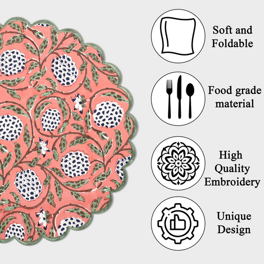 Decorative placemat with floral pattern and features listed on a white background