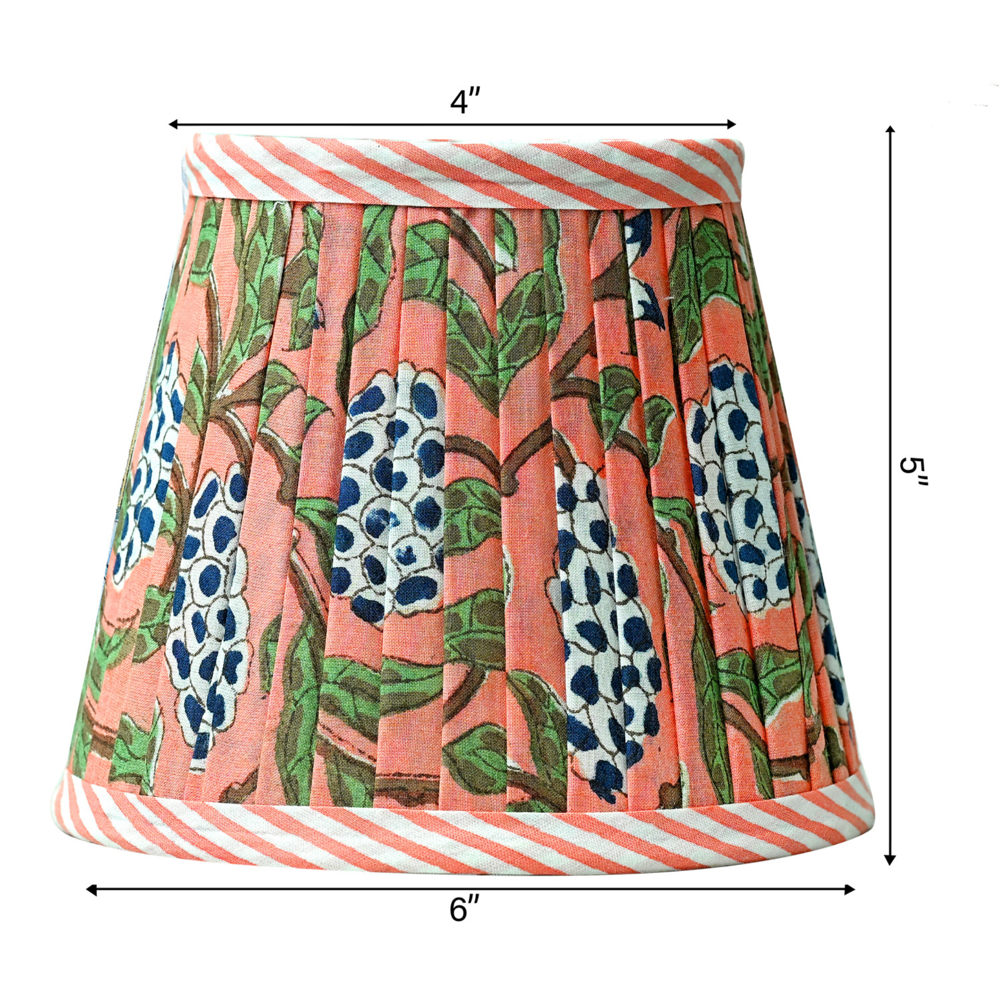 Lampshade with floral pattern and striped edges, shown with measurements on a white background