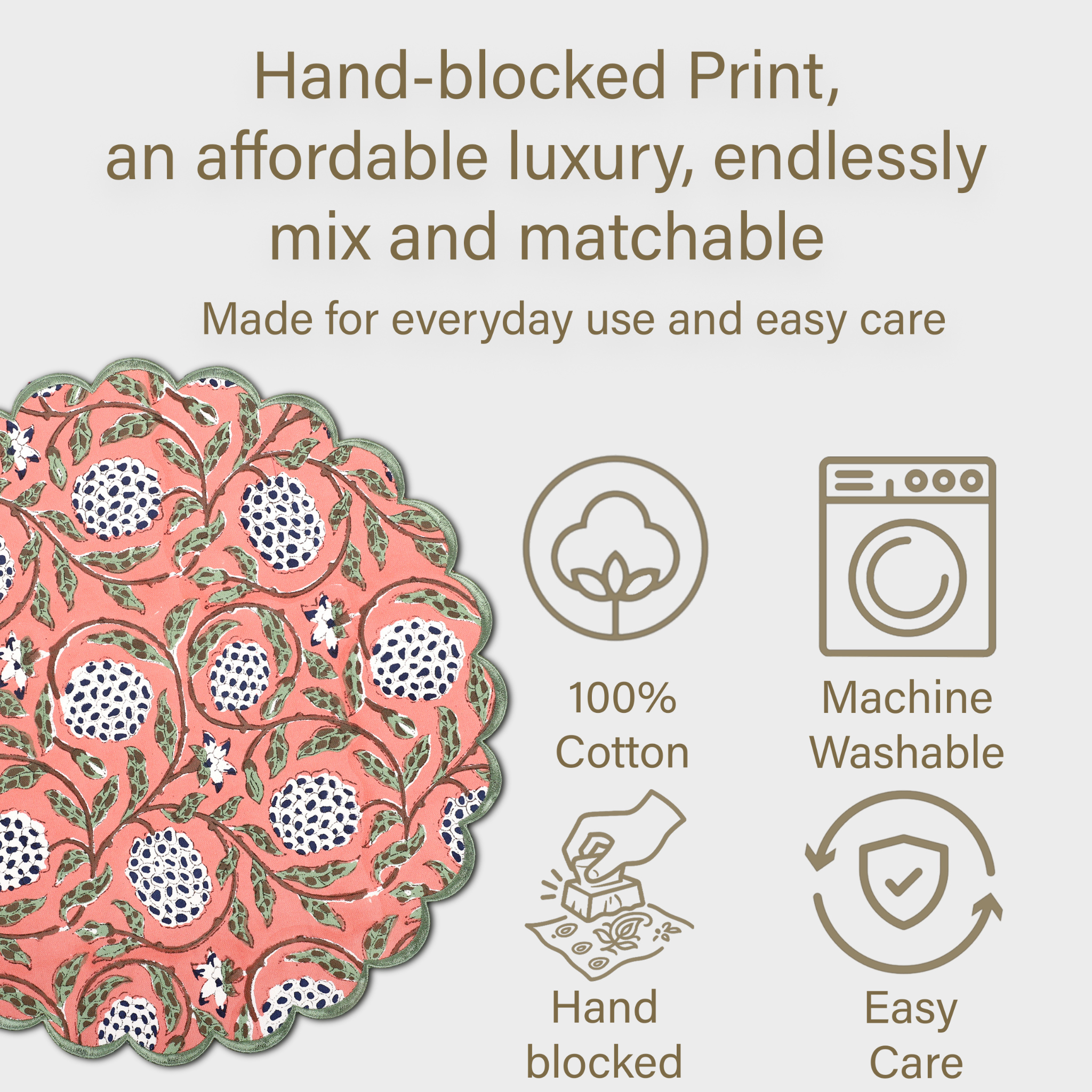 Product with hand-blocked print, 100% cotton, machine washable, hand blocked, and easy care features on a light background.